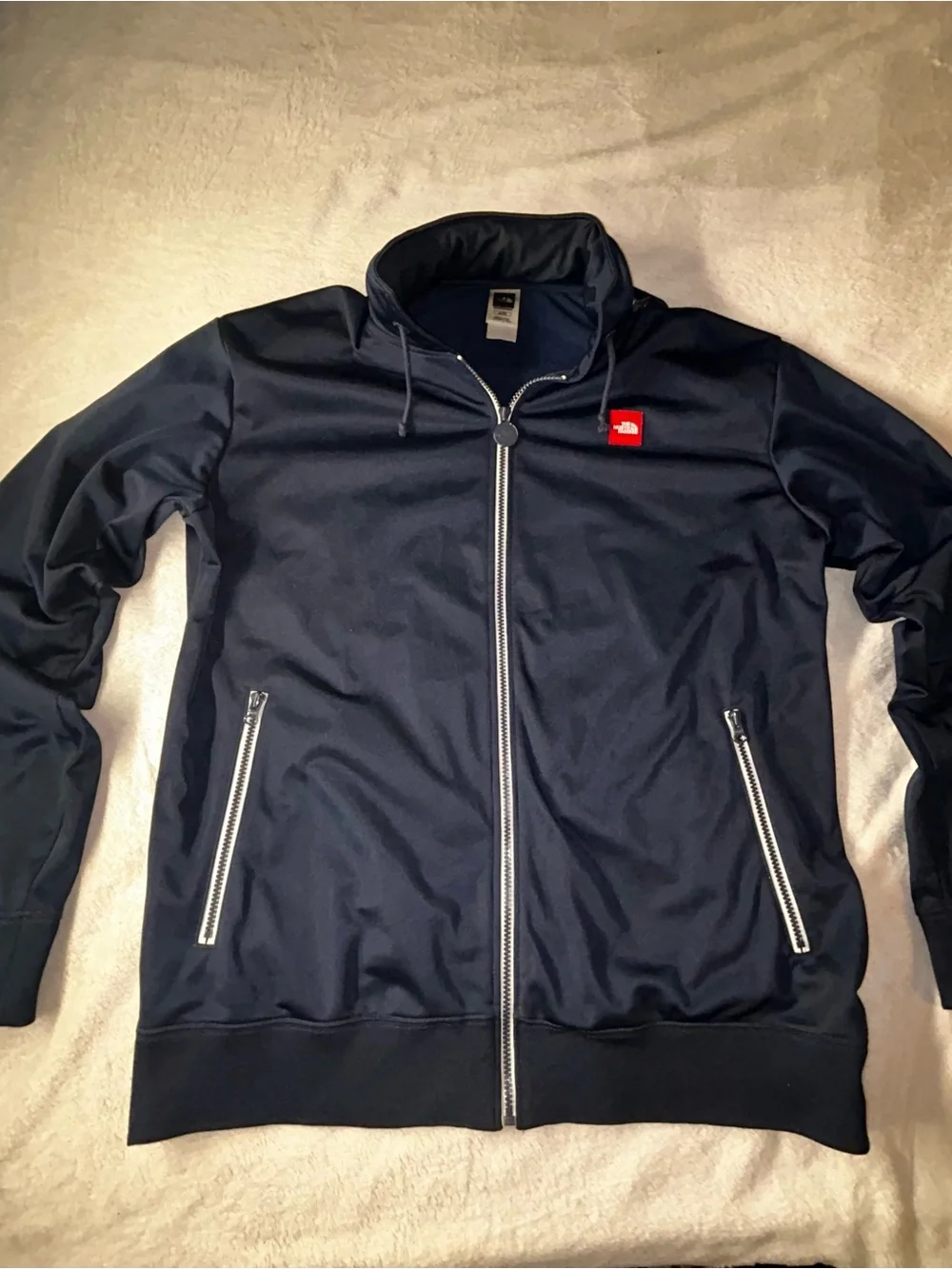 The North Face Men's Navy Zip-Up Track Jacket with Red Logo XL